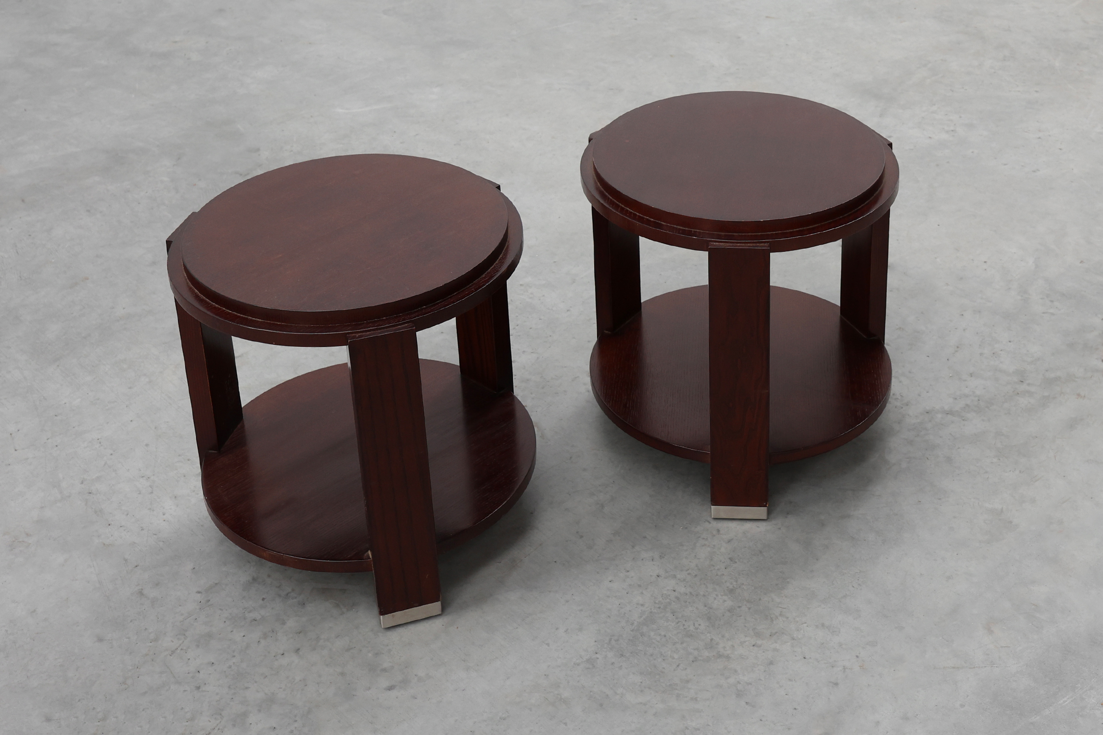 Pair of 2 round side tables in wood with metal, Belgium ca. 1980thumbnail